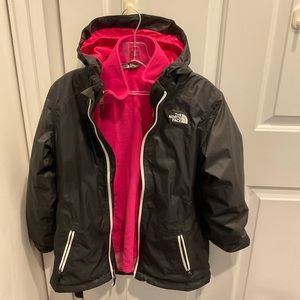 Girls XL, Size 18, North Face jacket with zip off inner shell. Black & Hot Pink.